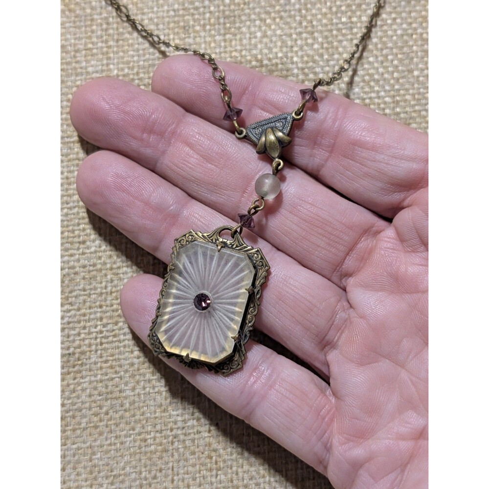 Vintage Kingston NY Signed Clear Camphor Glass Purple Crystal Gold Tone Necklace